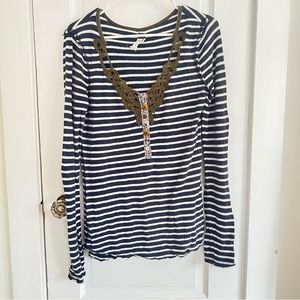 Free people navy & white striped embellished long sleeve Henley